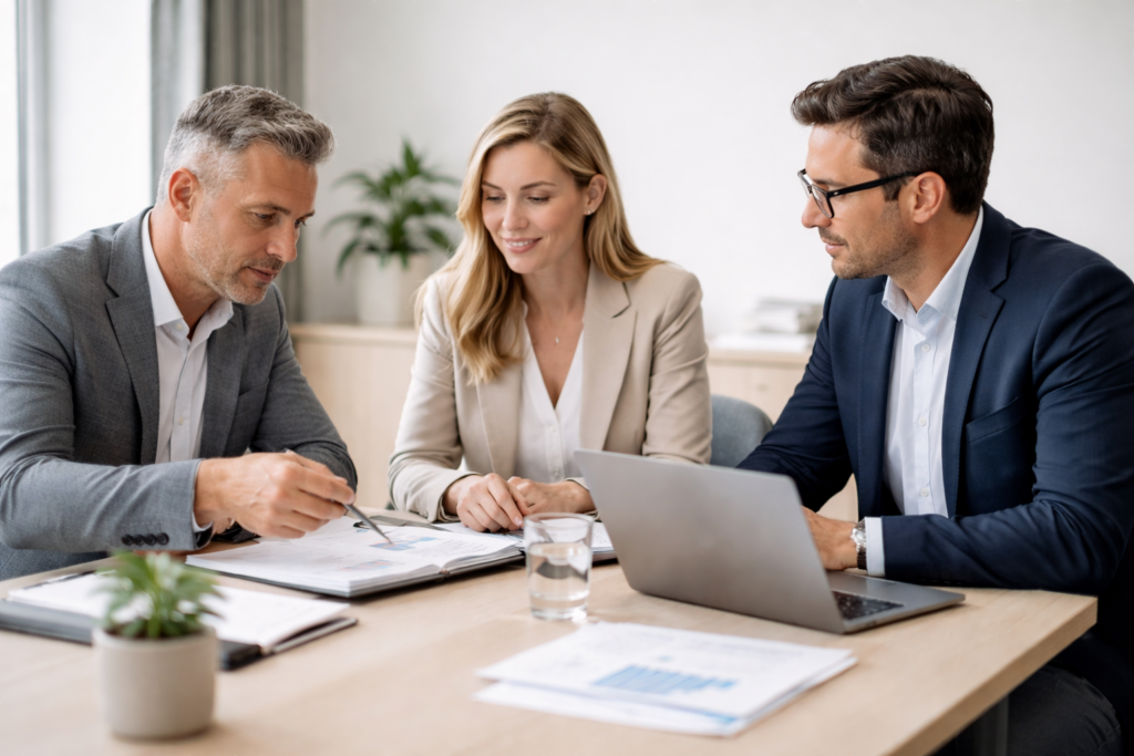 Equipo de profesionales colaborando en una oficina