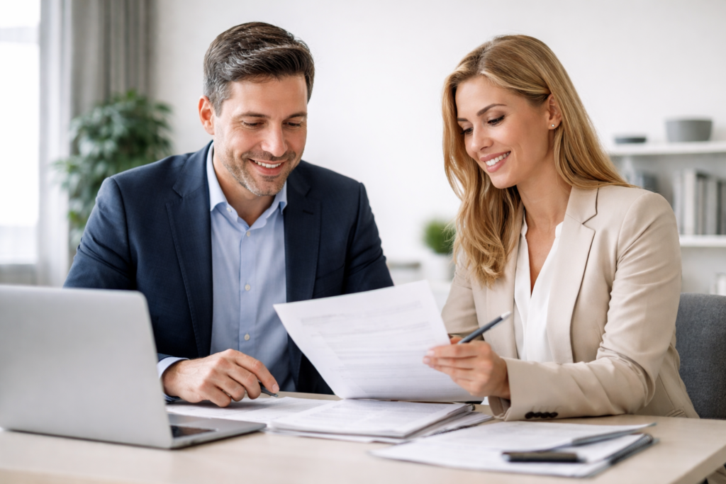 Asesor revisando una solicitud de crédito con un cliente